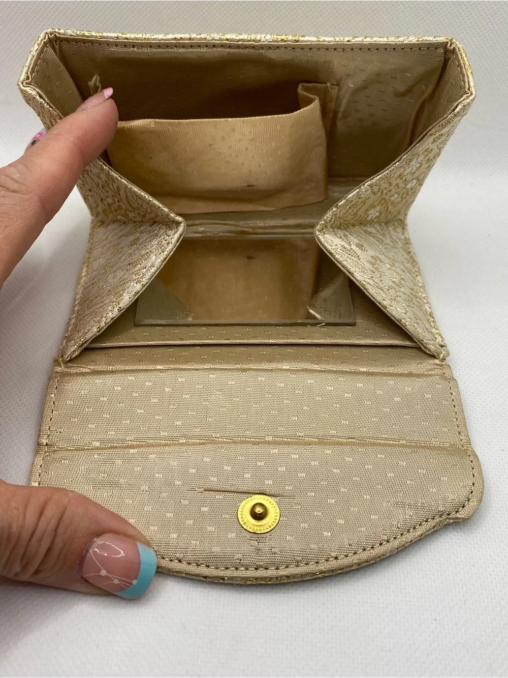Vintage Gold Brocade Vanity Purse Evening Bag Built In Mirror Mid Century
